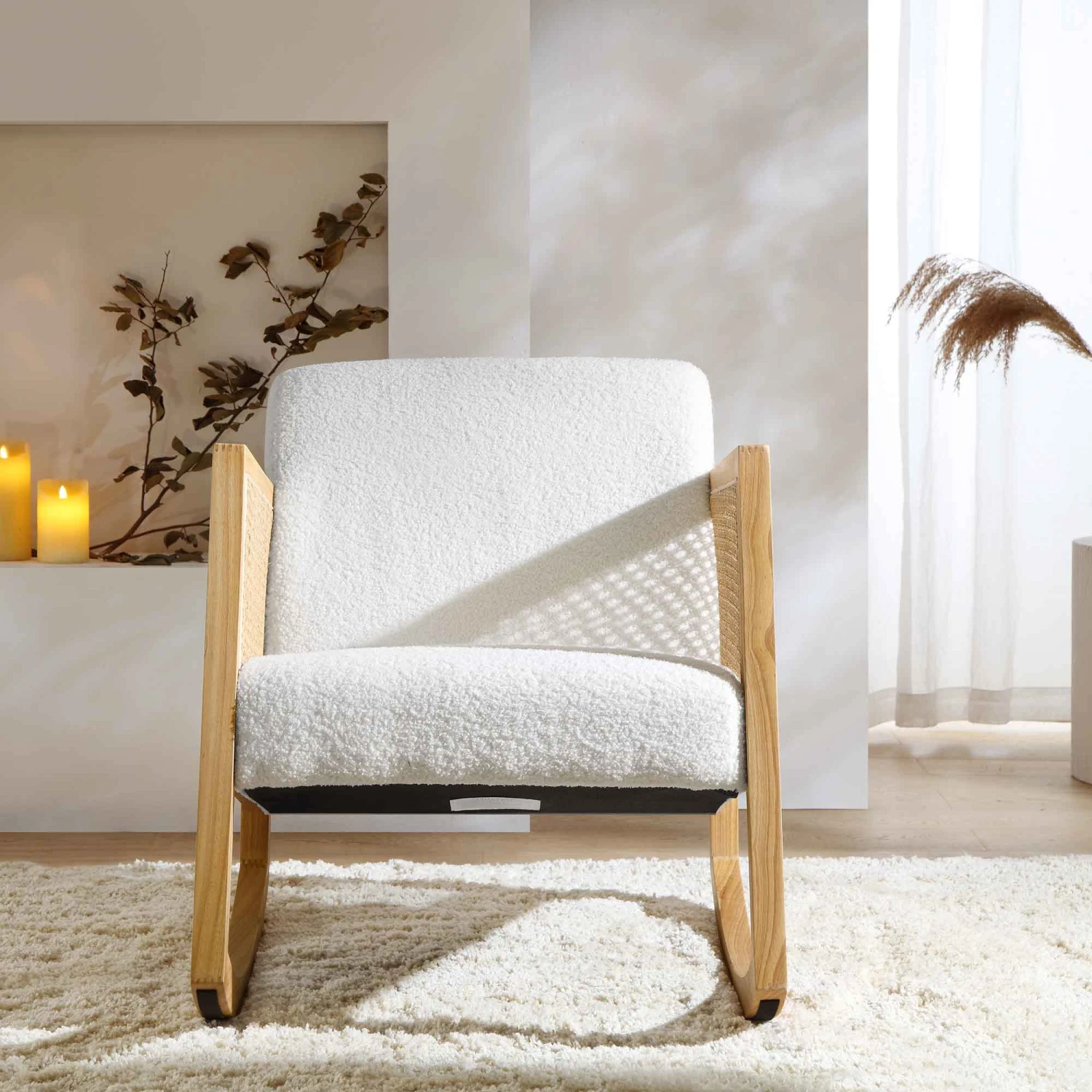 Fyne Ecru Boucle Rocking Armchair With Rattan Armrests - Image 2