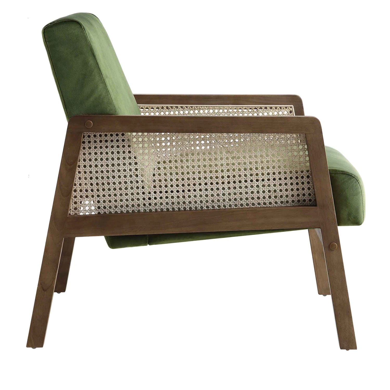 Fyne Moss Green Velvet Walnut Frame Rattan Armchair - Image 6
