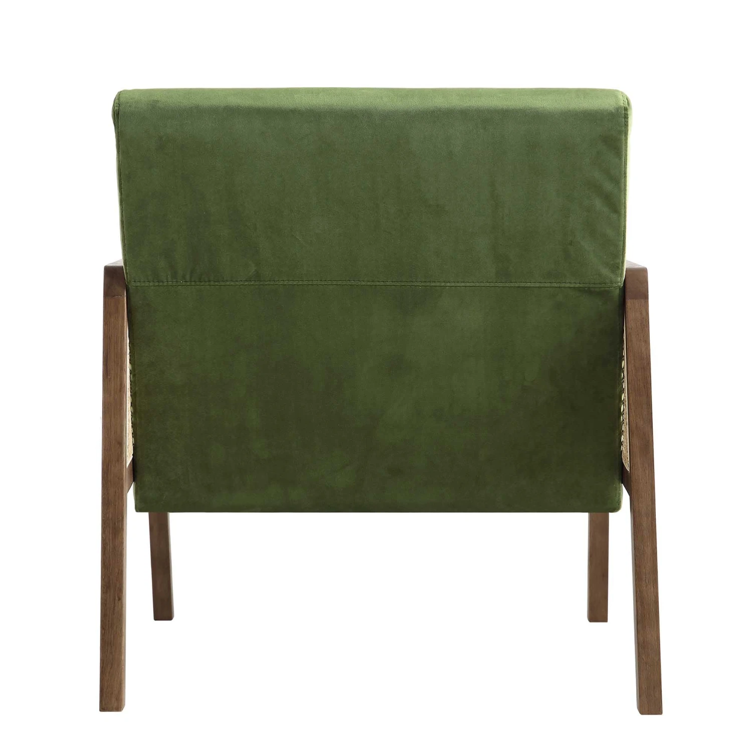 Fyne Moss Green Velvet Walnut Frame Rattan Armchair - Image 8