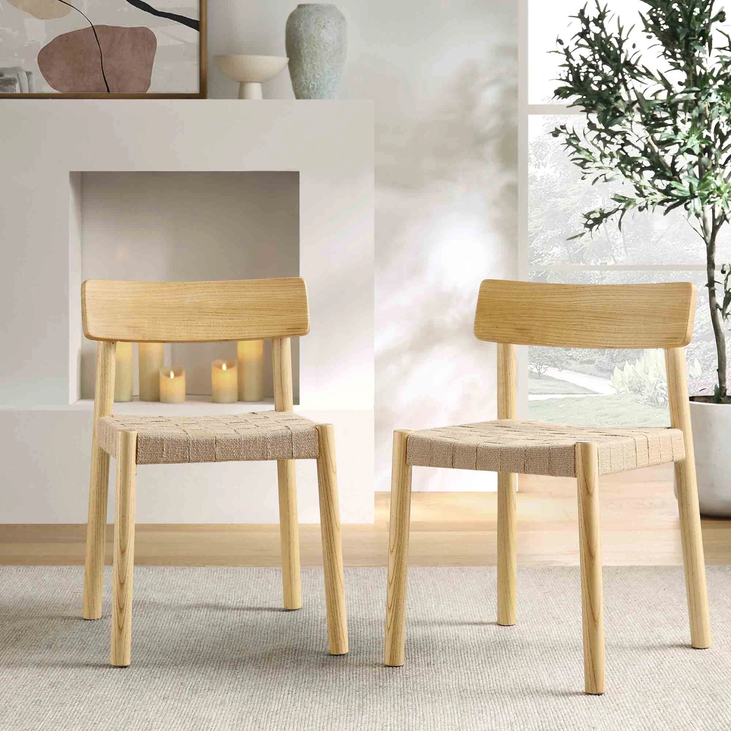 Ditton Set Of 2 Elm Wood And Jute Dining Chairs, Natural
