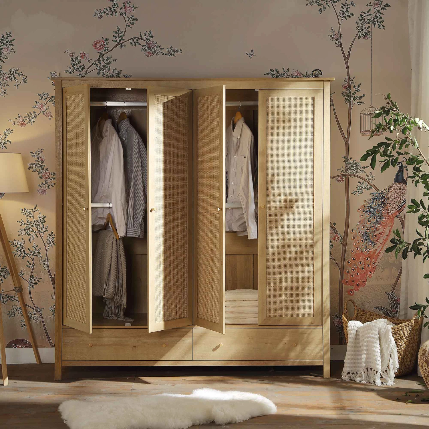 Frances Rattan 4-Door Wardrobe With 2 Drawers, Natural - Image 2
