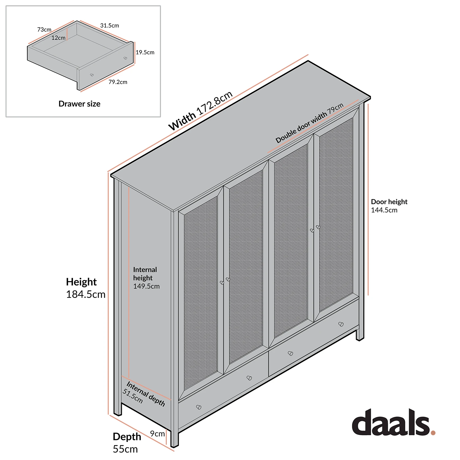 Frances Rattan 4-Door Wardrobe With 2 Drawers, Natural - Image 5