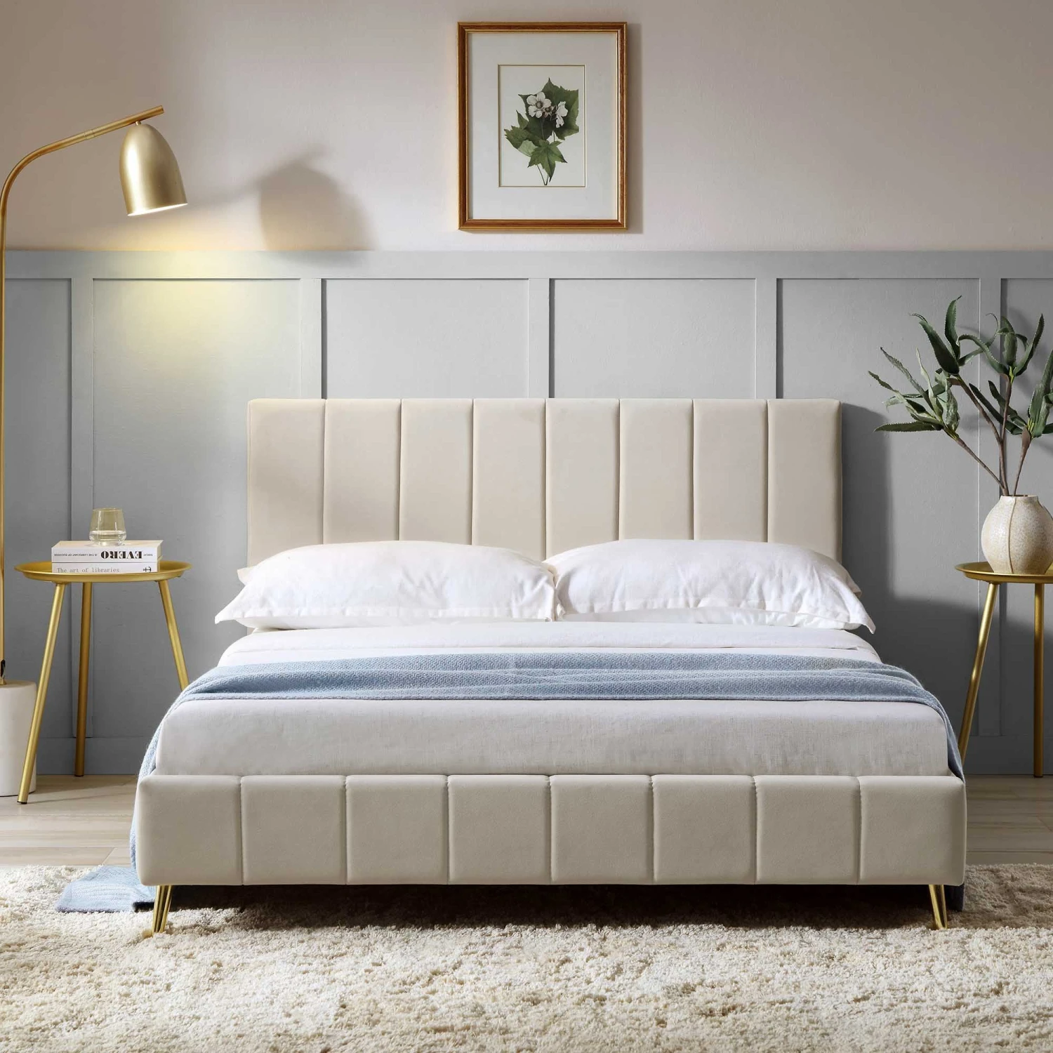 Sylvie Velvet Upholstered Bed Frame With Golden Chrome Legs, Champagne Velvet - Image 2