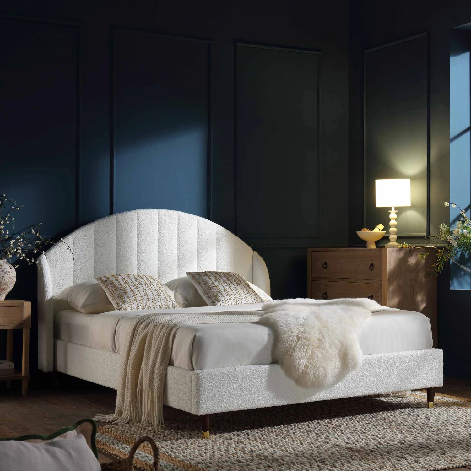 Eleanor White Boucle Upholstered Bed Frame With Domed Headboard