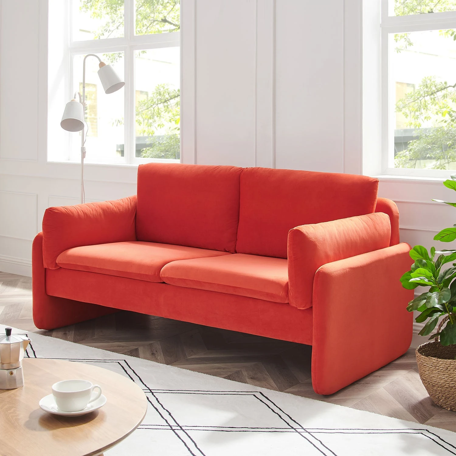 Clapham 2-Seater Flaming Orange Velvet Fabric Sofa - Image 2