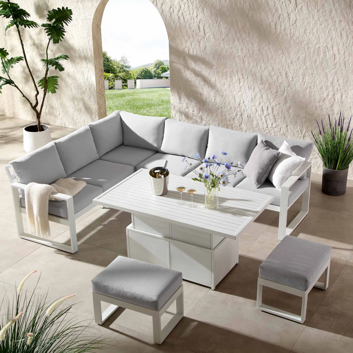 Albany Aluminium Large Corner Casual Dining Set With Rising Table, White - Image 2