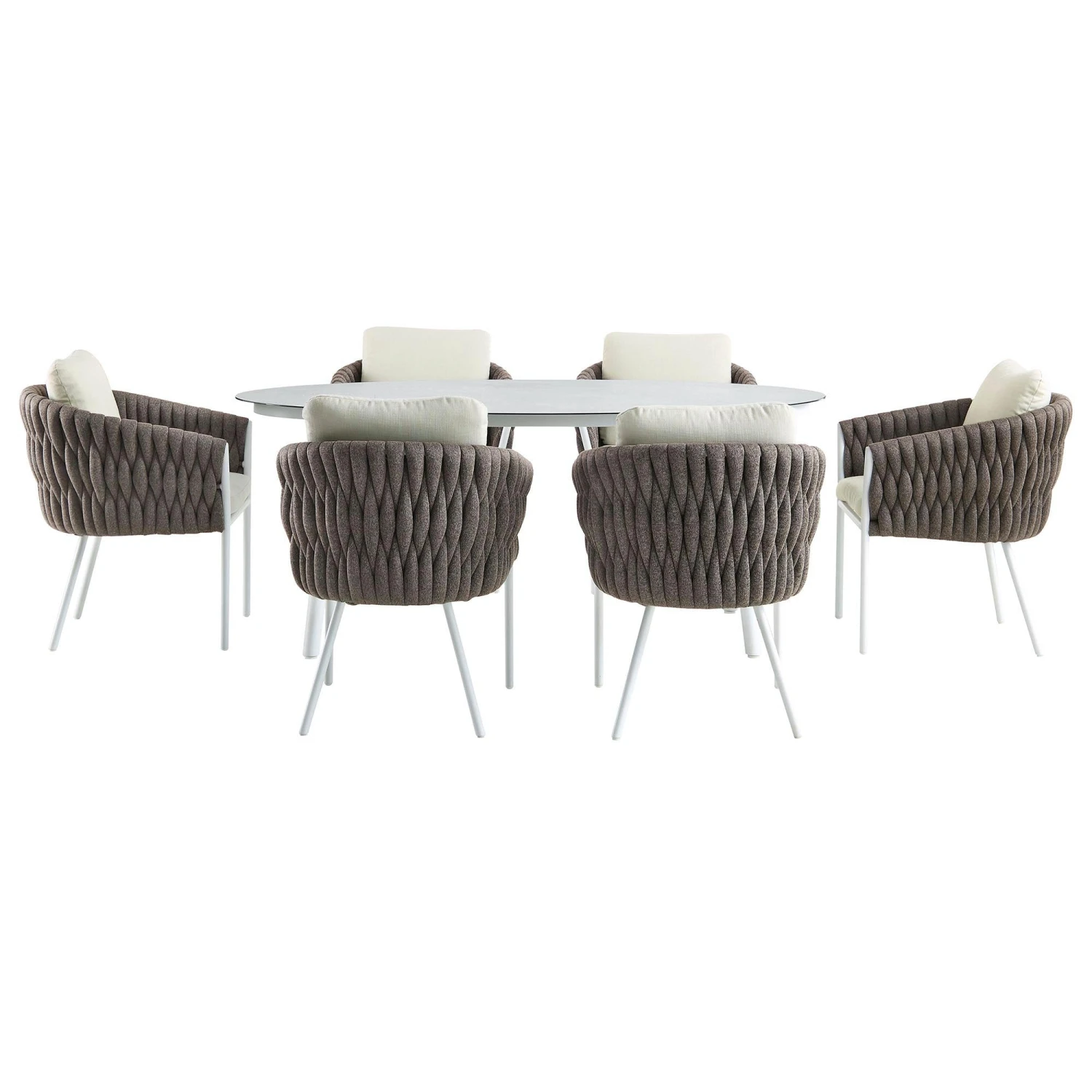 Montebello 6-Seater Outdoor Taupe Rope And Aluminium Oval Dining Set With White Ceramic Dining Table - Image 8