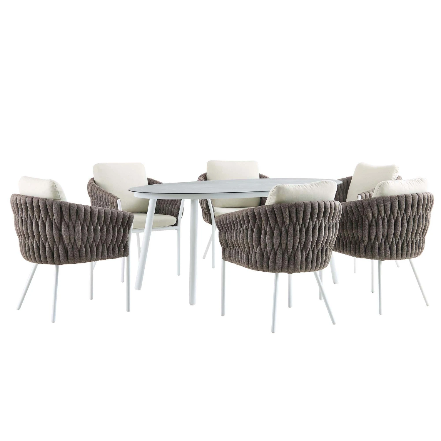 Montebello 6-Seater Outdoor Taupe Rope And Aluminium Oval Dining Set With White Ceramic Dining Table - Image 7