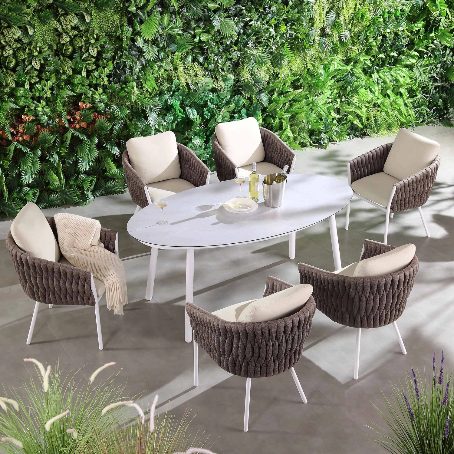Montebello 6-Seater Outdoor Taupe Rope And Aluminium Oval Dining Set With White Ceramic Dining Table
