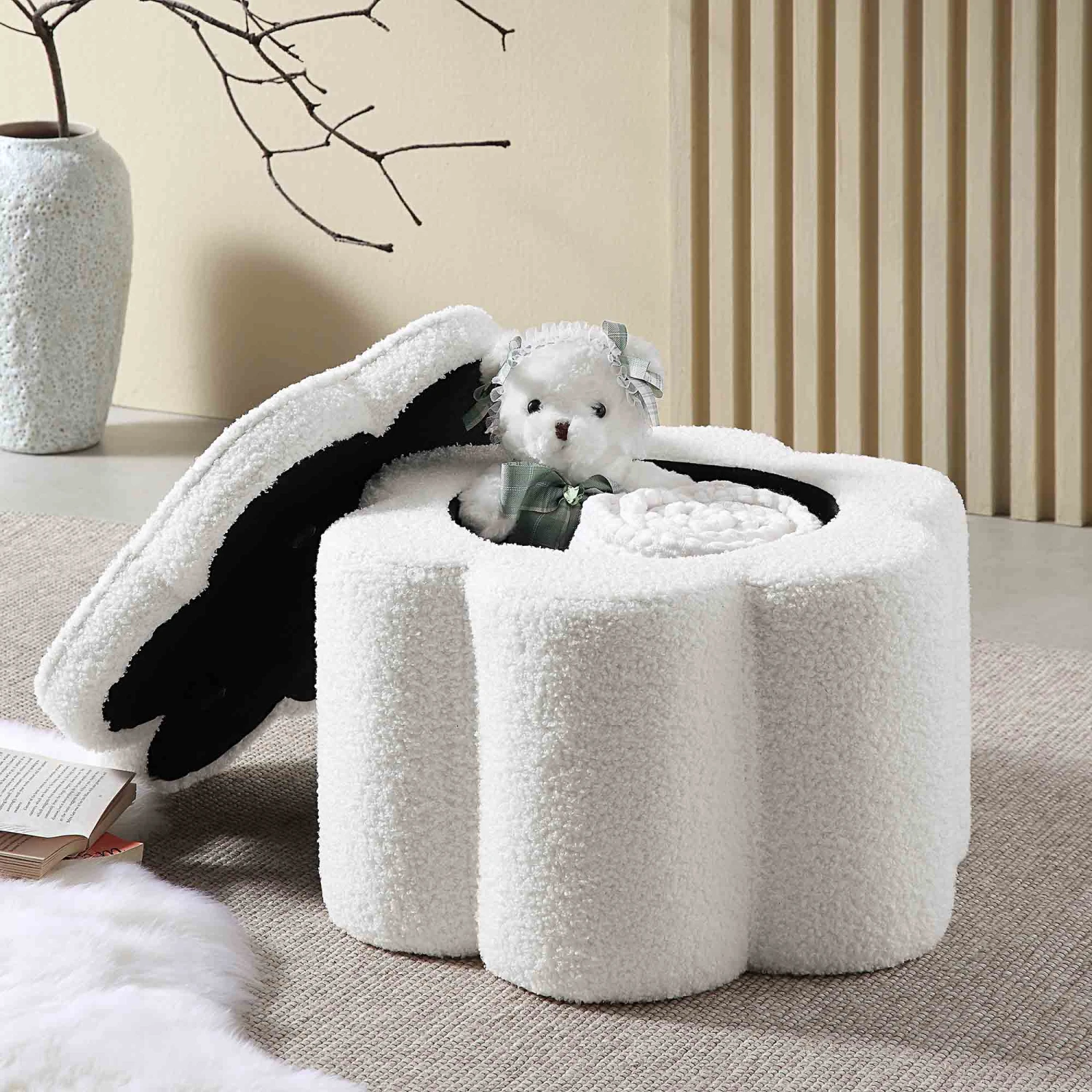 Pollie White Teddy Boucle Storage Stool - Image 2